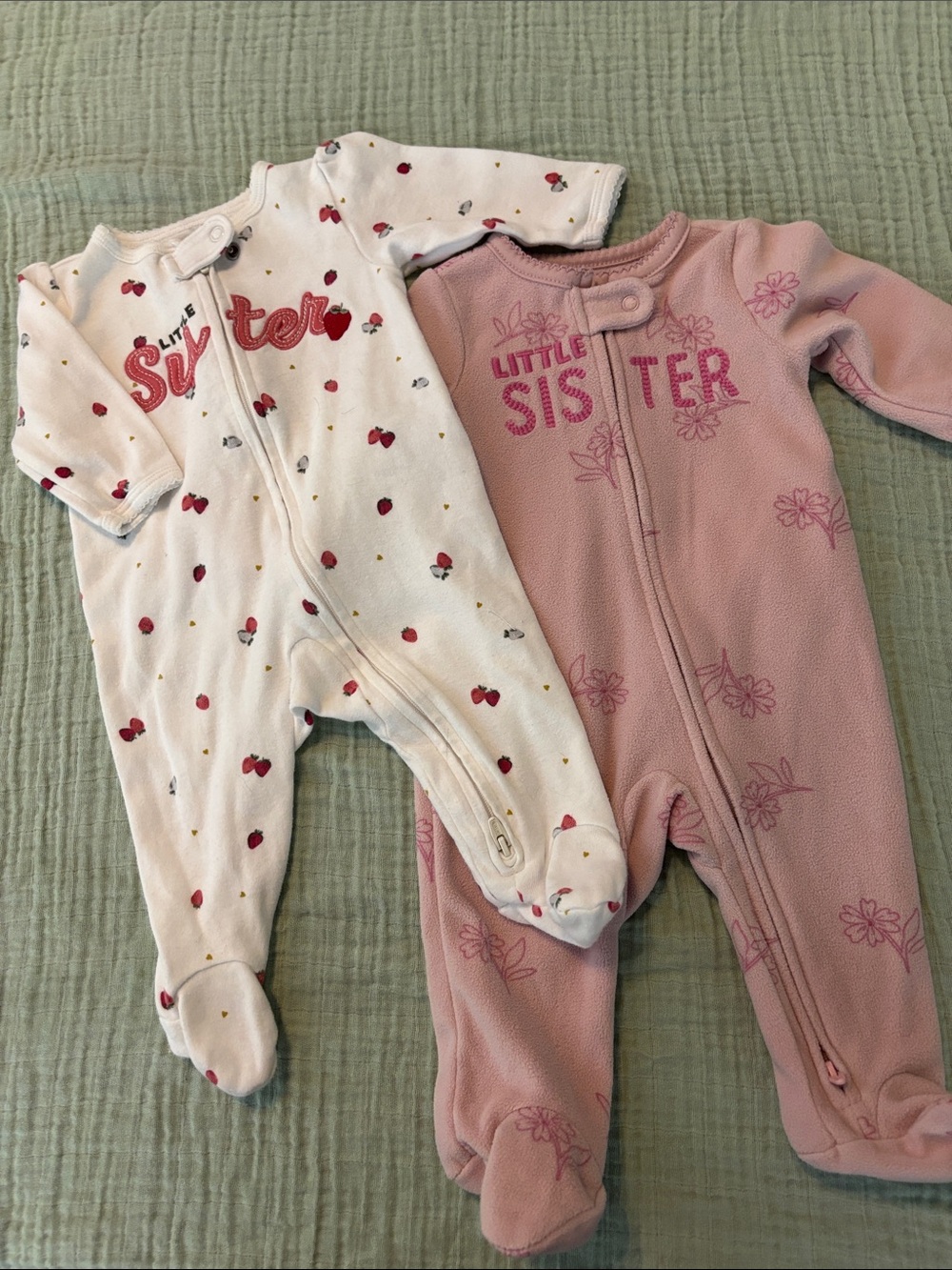 Carter's Pink "Little Sister" Fleece Footed One-Piece.